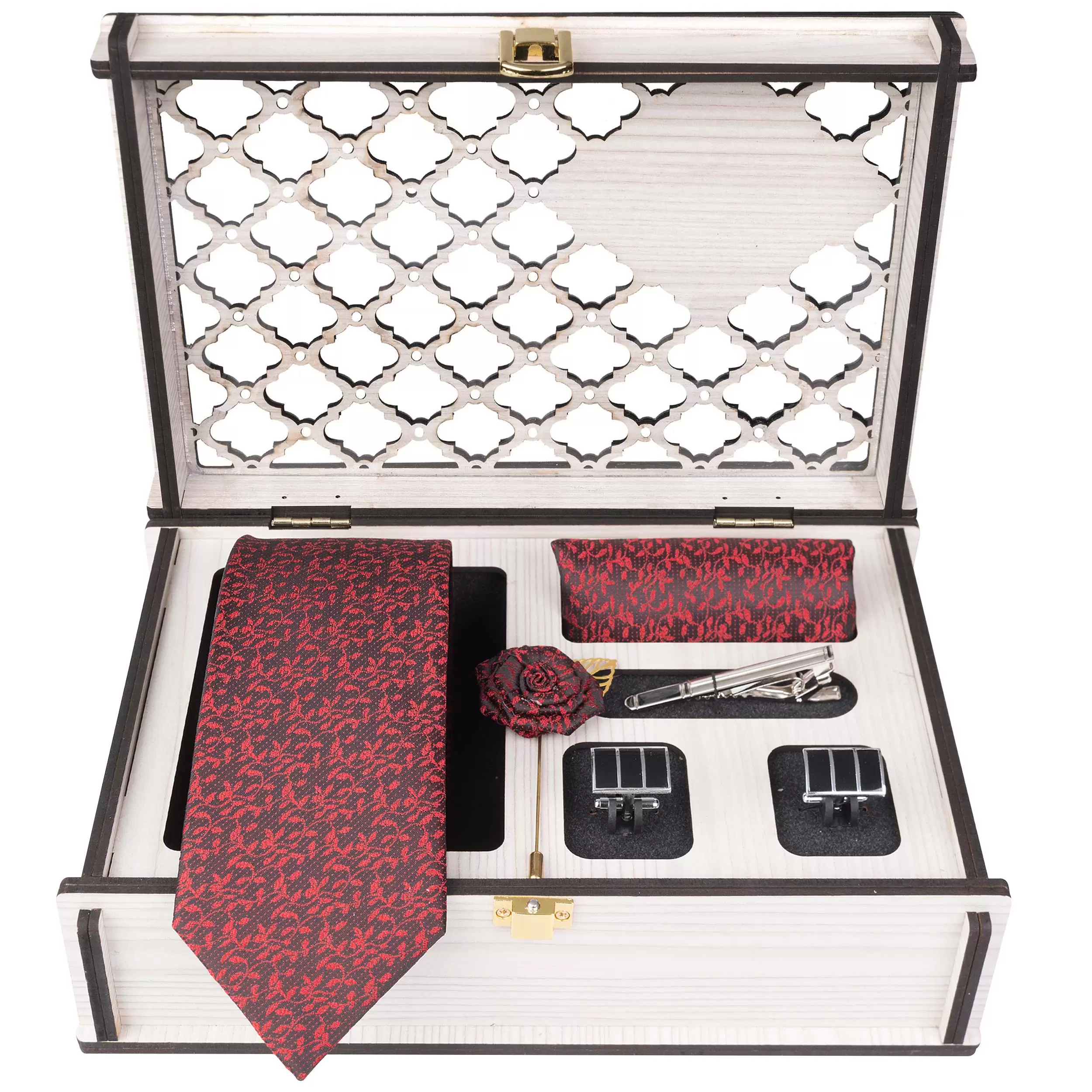 خرید و قیمت                                     ست کراوات و دستمال جیب و دکمه سردست و گیره کراوات و گل کت مردانه جیان فرانکو روسی مدل GF-F945RE-BOX